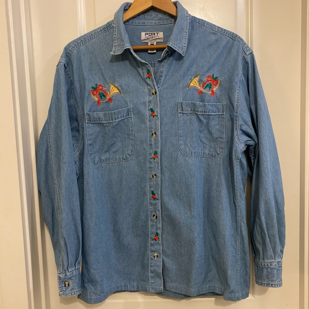VTG Port Authority festive Christmas holiday button up Denim Chambray top Large